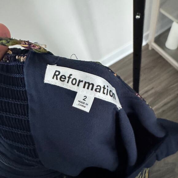 Reformation Kallie Navy Floral Side Slit Dress 2 Sleeveless Green Yellow Midi - Picture 6 of 7